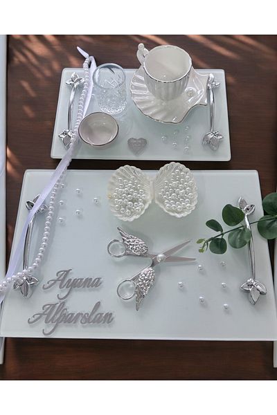 CyzHome Adore Silver White Pearl Promise Tray Engagement Tray and Groom Coffee Cup Tray
