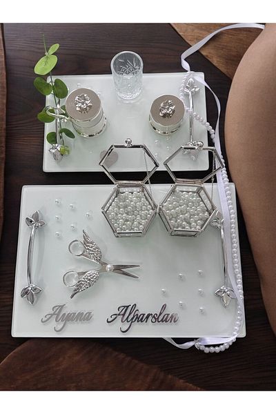 CyzHome Adore Silver White Pearl Promise Tray Engagement Tray and Groom Coffee Cup Tray