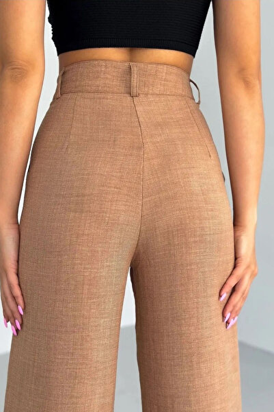 Swana Melaj Keten Bol Paça Pantolon-Taba