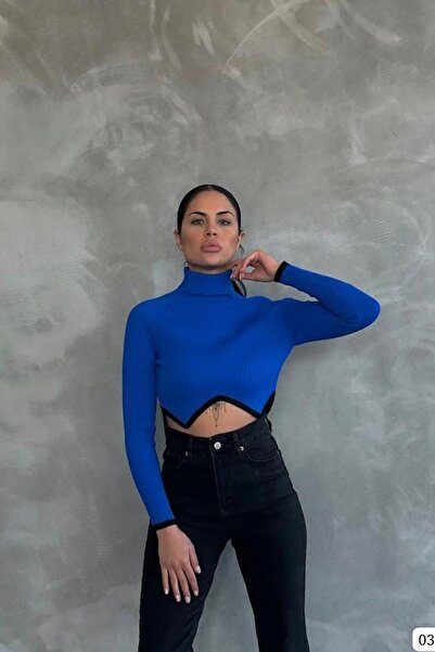 Deafox Pulover crop de tricotaj cu mânecă lungă cu decupaj asimetric Saks