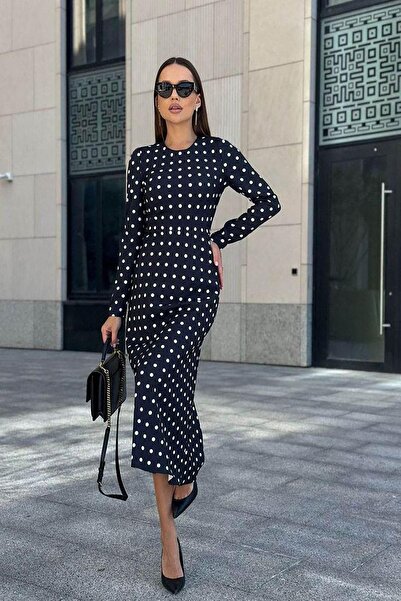 Deafox Black Long Sleeve Crew Neck Polka Dot Knitted Crepe Midi Dress