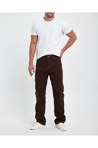Oliggopol Erkek Kahverengi Baggy Kargo Pantolon Rahat Kalıp Kargo Cepli Baggy