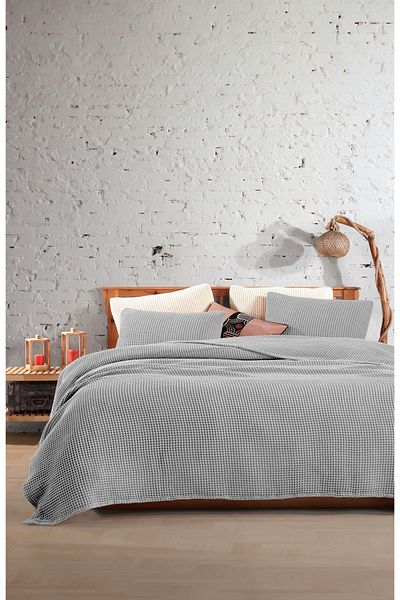 destinyhometex Light Gray 100% Cotton Waffle Double Bedspread Without Fringe 220X240/2 Pillowcases 50X70Cm