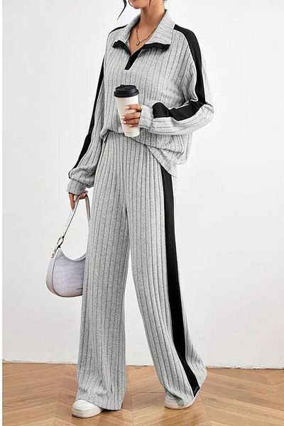 Deafox Gray Zip Long Sleeve Camisole Blouse and Pants Set - Stripe Detail