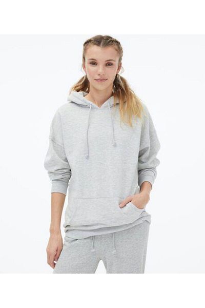 THE WHITE Full Cotton Gray Kangaroo Pocket Hooded Women's Sweatshirt