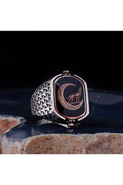 Tesbihsepetim Çift Taraflı Hilal Kurt Ayyıldız Model 925 Ayar Gümüş Erkek Yüzük