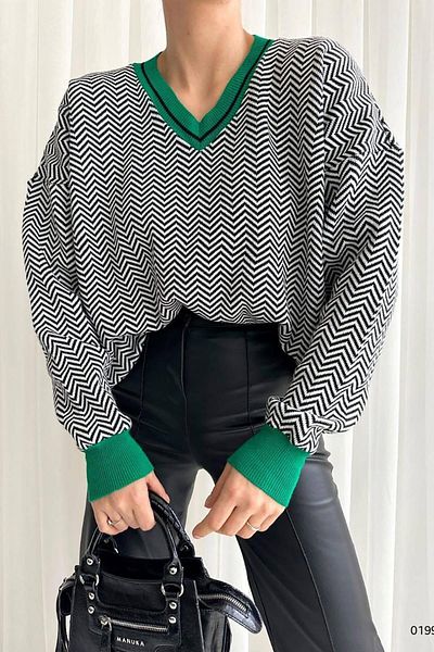Deafox Grüner Strickpullover mit V-Ausschnitt, Zickzack-Muster und langen Ärmeln, Kragen und Manschettendetail