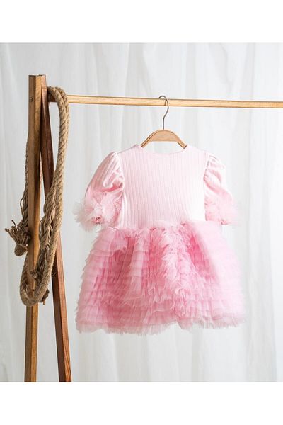 Pop Girls' Candy Pink Short Sleeve Dress with Sleeves and Skirt Tulle