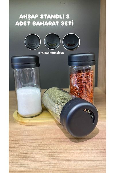Bayev 250Cc 3-Piece Spice Set with Wooden Stand - Swivel Lid, Glass Spice Rack and Salt Shaker Pepper Shaker