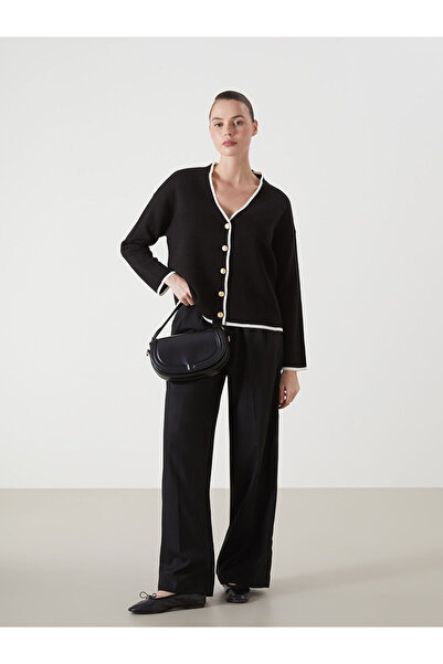 LC Waikiki Black V-Neck Oversize Women's Knitwear Cardigan