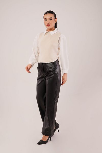 Hipo Trend Gold Button Detailed Oval Cut Knitwear Stone Sweater