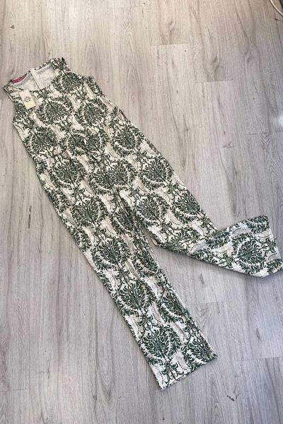 Mossta Green Ethnic Patterned Sleeveless Single Jersey Jumpsuit - Back Zip