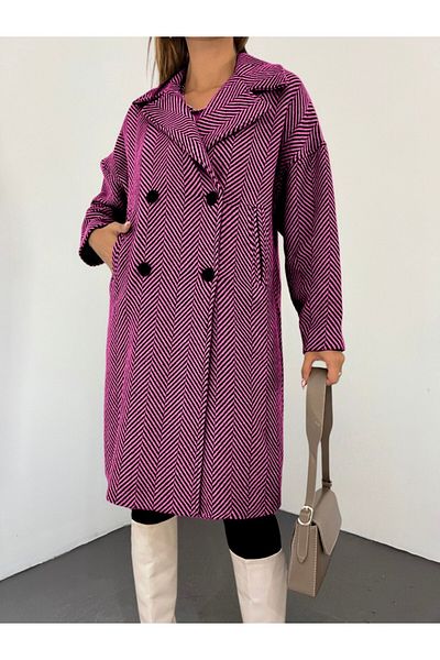 Modamorfo Kaschmirmütze mit Fischgrätenmuster und Taschen – Fuchsia