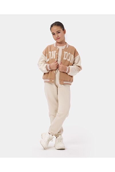 Minipodyum Girl's Printed College Jacket T-Shirt Triple Tracksuit Set