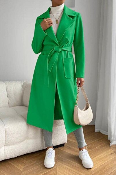 Mossta Пальто з поясом, кишенями та еластичною стрічкою, зелене