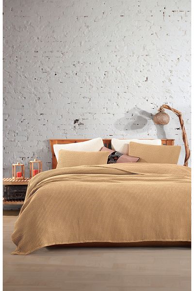 destinyhometex Latte 100% Cotton Waffle Double Bedspread Without Fringe 220X240/2 Pillowcases 50X70Cm