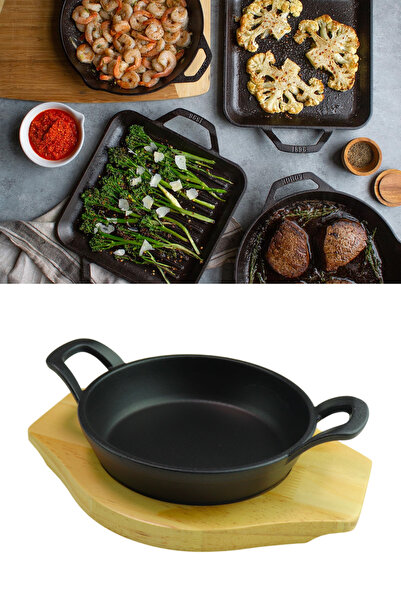 Evren Döküm Demir Kulplu Yuvarlak Sahan Tava 16 Cm Ve Ahşap Servis Sunum Altlık