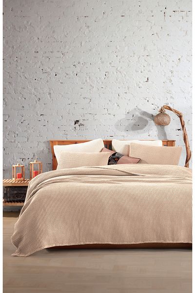 destinyhometex Двойно кувертюрно покривало за легло Mink 100% памук Waffle без ресни 220x240см / 2 калъфки за възглавници 50x70см