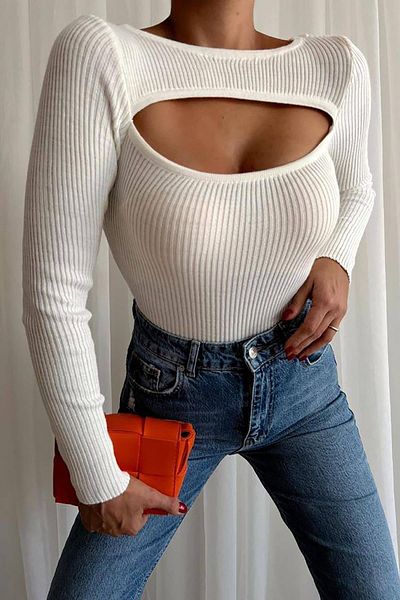 Deafox White Window Collar Long Sleeve Knitwear Sweater
