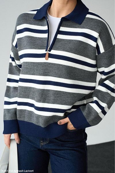 Lupies Women's Anthracite-Navy Blue Zip-Up Soft Textured Knitwear Sweater