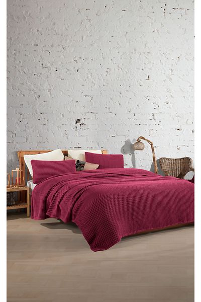 destinyhometex Claret Red 100% Cotton Waffle Double Bedspread Without Fringe 220X240/2 Pillowcases 50X70Cm