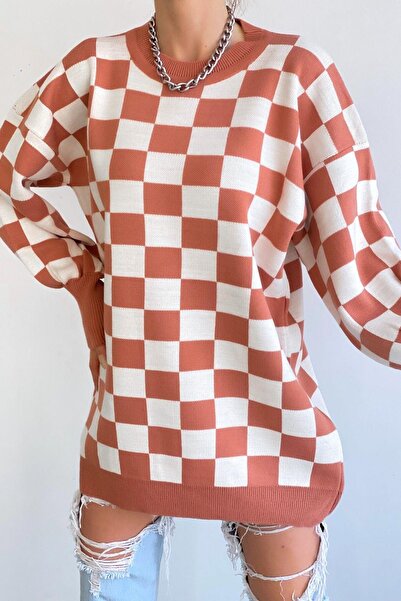 Mossta Adriana Checker Patterned Long Sweater Powder