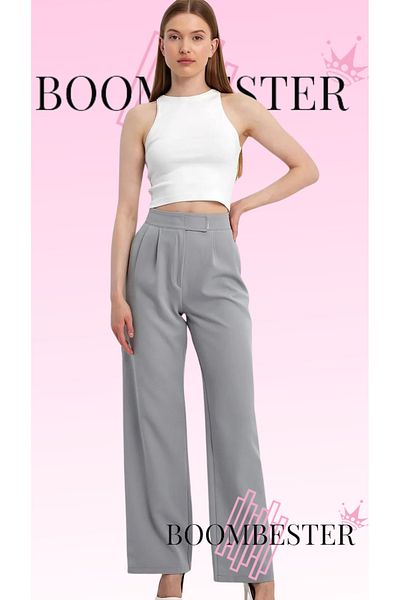 BoomBester Pantaloni de damă Palazzo din țesătură creponată cu velcro gri - cu croială largă vintage