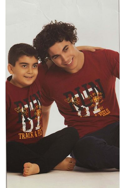 Mnk Baby&Kids Costum de pijama pentru băiat cu mânecă scurtă, pantaloni lungi din bumbac pieptănat M00679 Roșu Claret