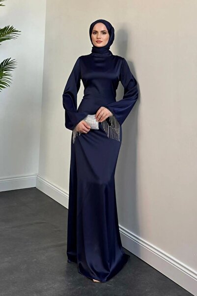 Tesettür Diyarı Kadın İspanyol Kol Zincir Detay Perla Abiye -Lacivert