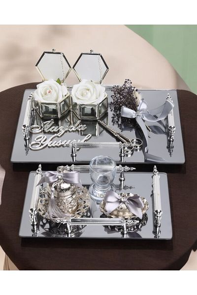 CyzHome Reverence Grey Silver Promise and Groom Tray