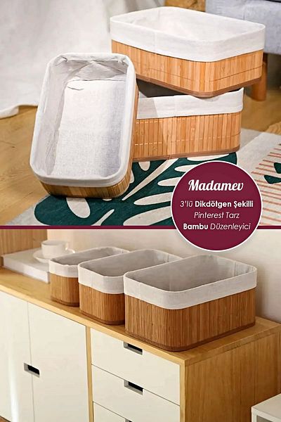 Tilbe Home 3-Piece Bamboo Square Basket Decorative Home Organizer Organizer Multi-Purpose Bamboo Wicker Basket Set