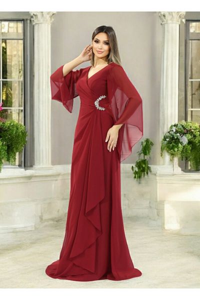 FaBe Fashion White Chiffon Wedding Engagement Promise and Outside Shooting Dress with Long Shawl Sleeves V-Neck Waist Stone Accessories