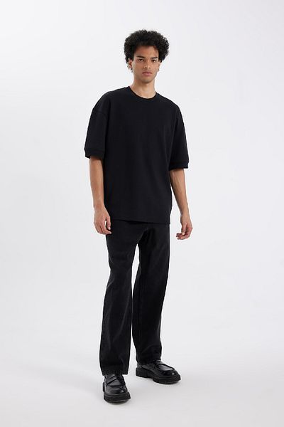 DeFacto Loose Fit Crew λαιμόκοψη κοντό μανίκι βαρύ ύφασμα Basic μασίφ μαύρο μπλουζάκι B4844ax24au