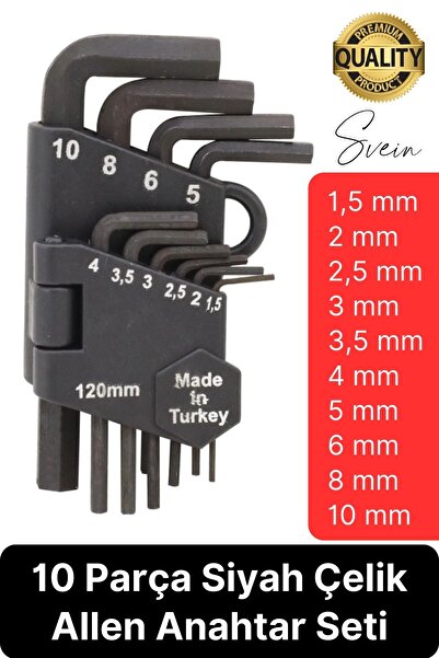 Svein Premium 10 Parça Siyah Çelik 120 mm Allen Anahtar Seti Alyan Takımı Pro...
