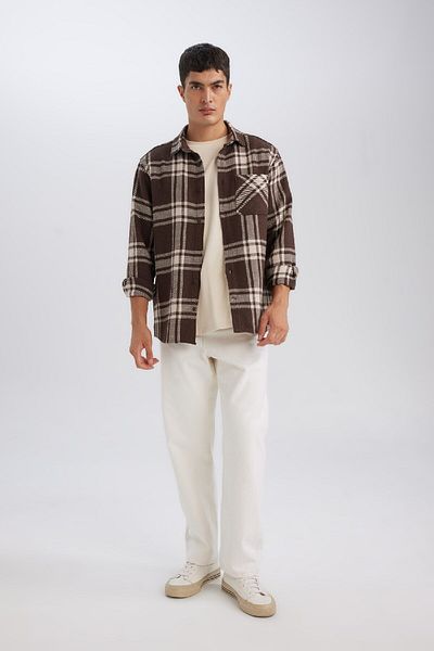DeFacto Regular Fit kariertes Holzfäller-Flanell-Langarmshirt D4132ax24wn
