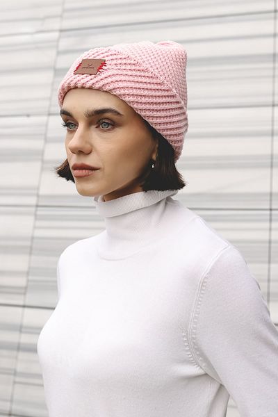 Nordbron Women's Pink Textured Soft Knitwear Beret Stretchy Double Fold Winter Logo Basic Casual Ruqy
