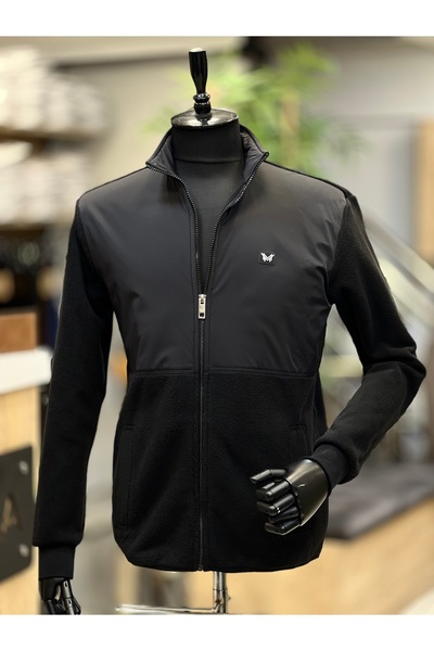 SAVARA erkek fermuarlı siyah polar hırka mont regular fıt