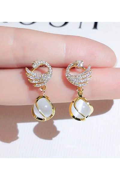 ER TAKI Stylish Engagement Henna Wedding Evening Dress Earrings with Stones Gold Colored Swan Figure
