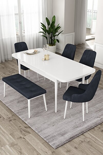 Canisa Eta Serisi 80x132 Mdf Beyaz Açılabilir Masa 4 Antrasit Sandalye 1 Bench Mutfak Masası Takımı