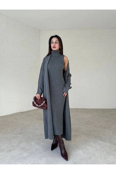 Narstorm Women's Gray Knitwear High Top Dress Cardigan Set