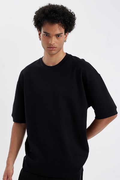 DeFacto Loose Fit Crew λαιμόκοψη κοντό μανίκι βαρύ ύφασμα Basic μασίφ μαύρο μπλουζάκι B4844ax24au