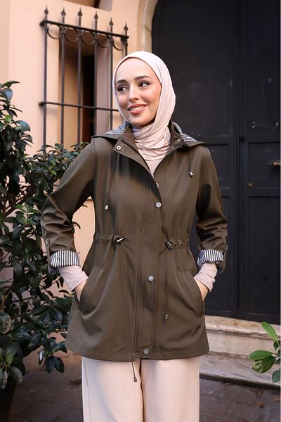 ALNİSS COLLECTİON Ριγέ κοντό Trench με λεπτομέρεια διπλώματος - Αποσπώμενη κουκούλα