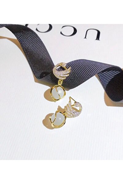 ER TAKI Taşlı Gold Renkli Kuğu Figürlü Şık Nişan Kına Nikah Düğün Abiye Küpe