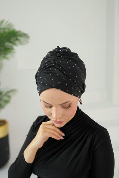 OykumBone Black Glittered Stone Prepoured Cross Salas Bonnet