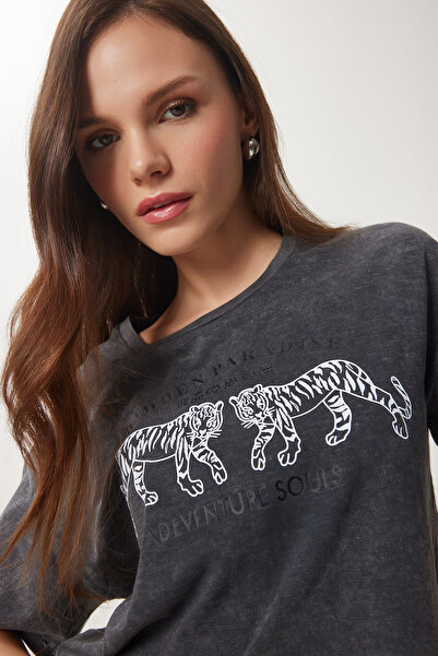 Lovelyİstanbul Πλεκτό T-Shirt ANTHRACITE Crop - Τυπωμένο και πλενόμενο LAN0028