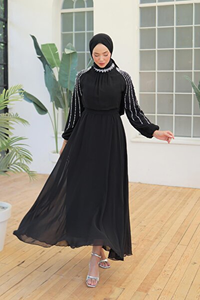 hakimoda Black Chiffon Hijab Evening Dress -PerenDesign