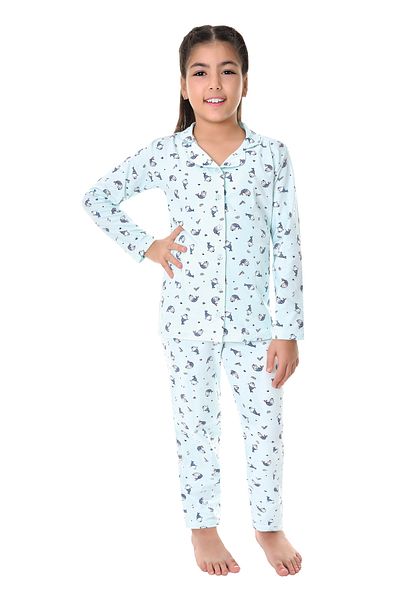 Little Frog Costum de pijama pentru fetiță, cu guler cămașă din bumbac, cu nasturi
