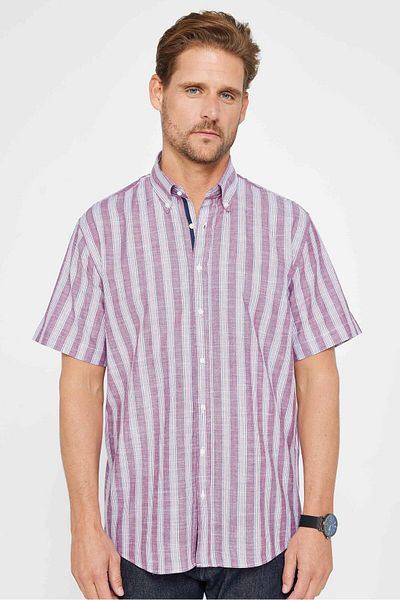 Tudors Ανδρικό ριγέ πουκάμισο Classic Fit - Κοντό μανίκι, 100% βαμβακερό λινό