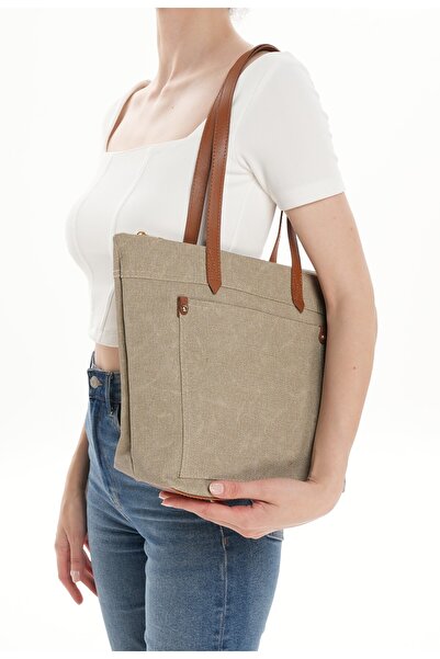 WITH-W Kadın Tote Bag Omuz Çantası Haki Deri Model Ladi Tnc1013