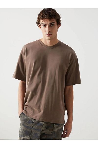 LC Waikiki Ανδρικό μπλουζάκι XSIDE Brown Crew με κοντό μανίκι χτενισμένο βαμβακερό